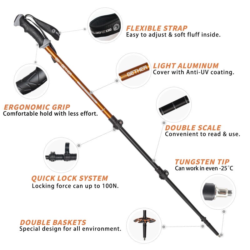 G2 GO2GETHER G2 Trekking Hiking Poles Telescopic/Aluminum Alloy/Comfort Handle/Auto-Adjustable Strap/Quick Flip Lock/Snow Baskets Attached (Pack of 2 Poles) (Orange & Black) - Image 3